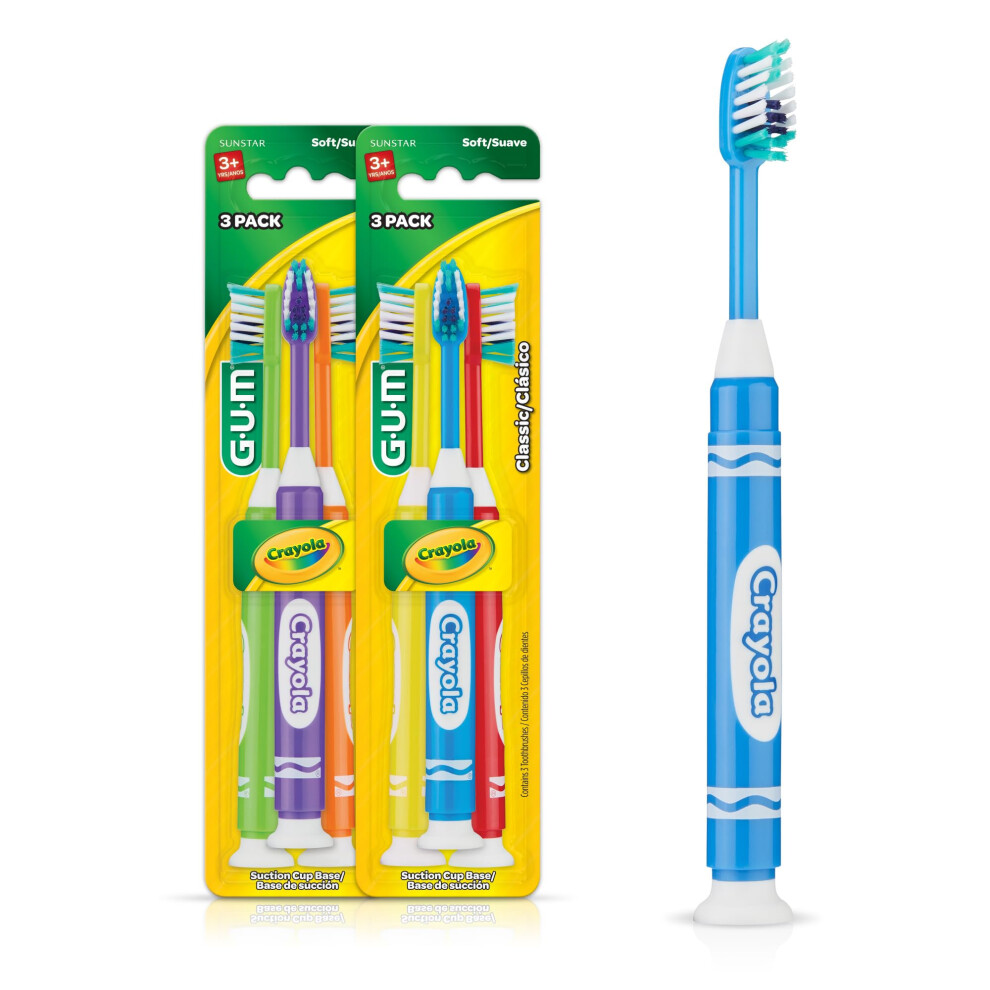GUM Crayola Marker Childrens Toothbrush Soft Bristled Kids Toothbrush Set Age 3+ Suction Cup Base 3ct. (Pack of 2)