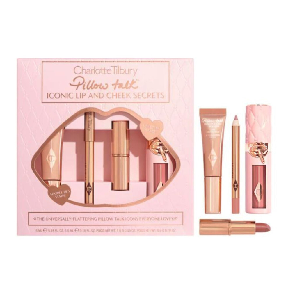 CHARLOTTE TILBURY Limited Edition Pillow Talk Iconic Lip and Cheek Secrets 4 Piece Makeup Set - Highlight  Lip Liner  Mini and Full Size Lipstick