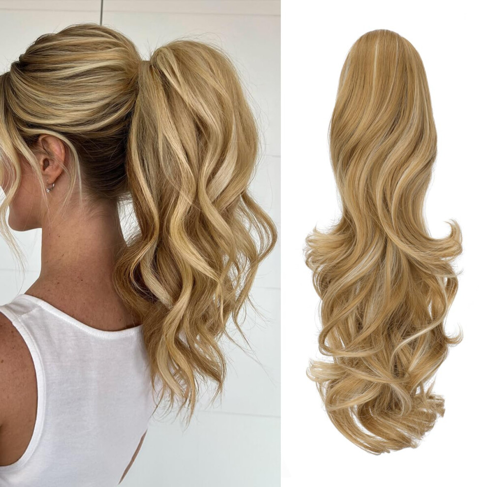 Felendy Ponytail Extension Claw 18"""" 20"""" Curly Wavy Straight Clip In Hairpiece One Piece A Jaw Long Pony Tails For Women (Light Ginger Mix Bleac