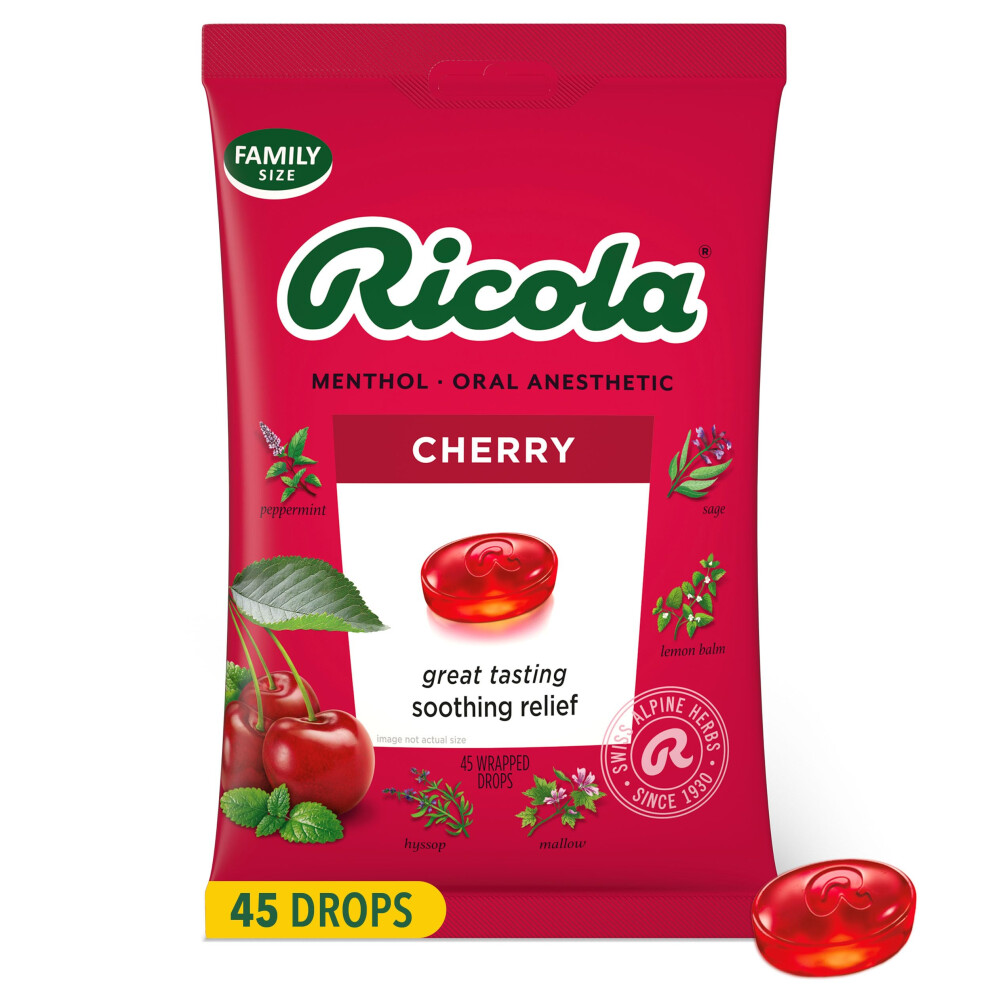 Ricola Cherry Throat Drops 45 Count Daily Drops For Delicious Throat Refreshment Oral Anesthetic Naturally Flavored