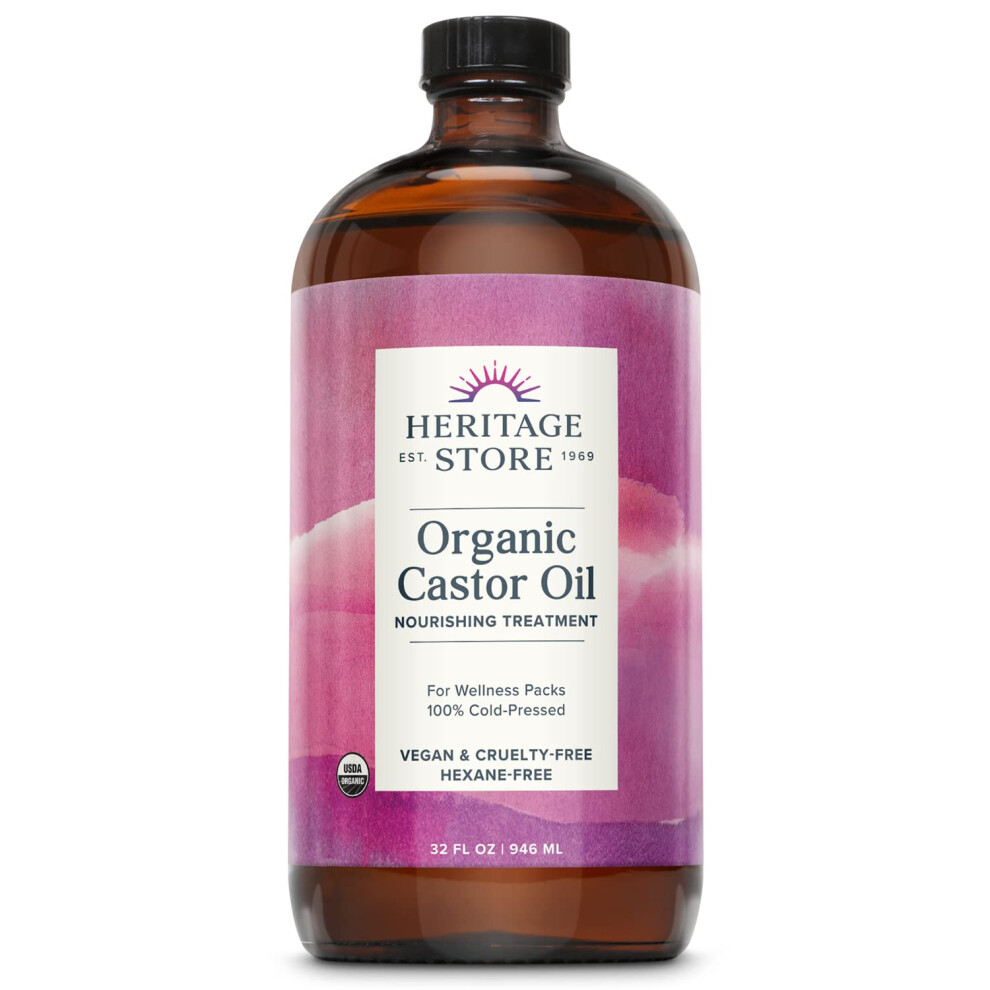 Heritage Store Organic Castor Oil Glass Bottle Cold Pressed Rich Hydration For Hair & Skin Bold Lashes & Brows (32 Fl Oz)