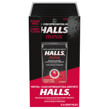 HALLS Minis Cherry Flavor Sugar Free Cough Drops 8 Packs of 24 Drops (192 Drops Total)