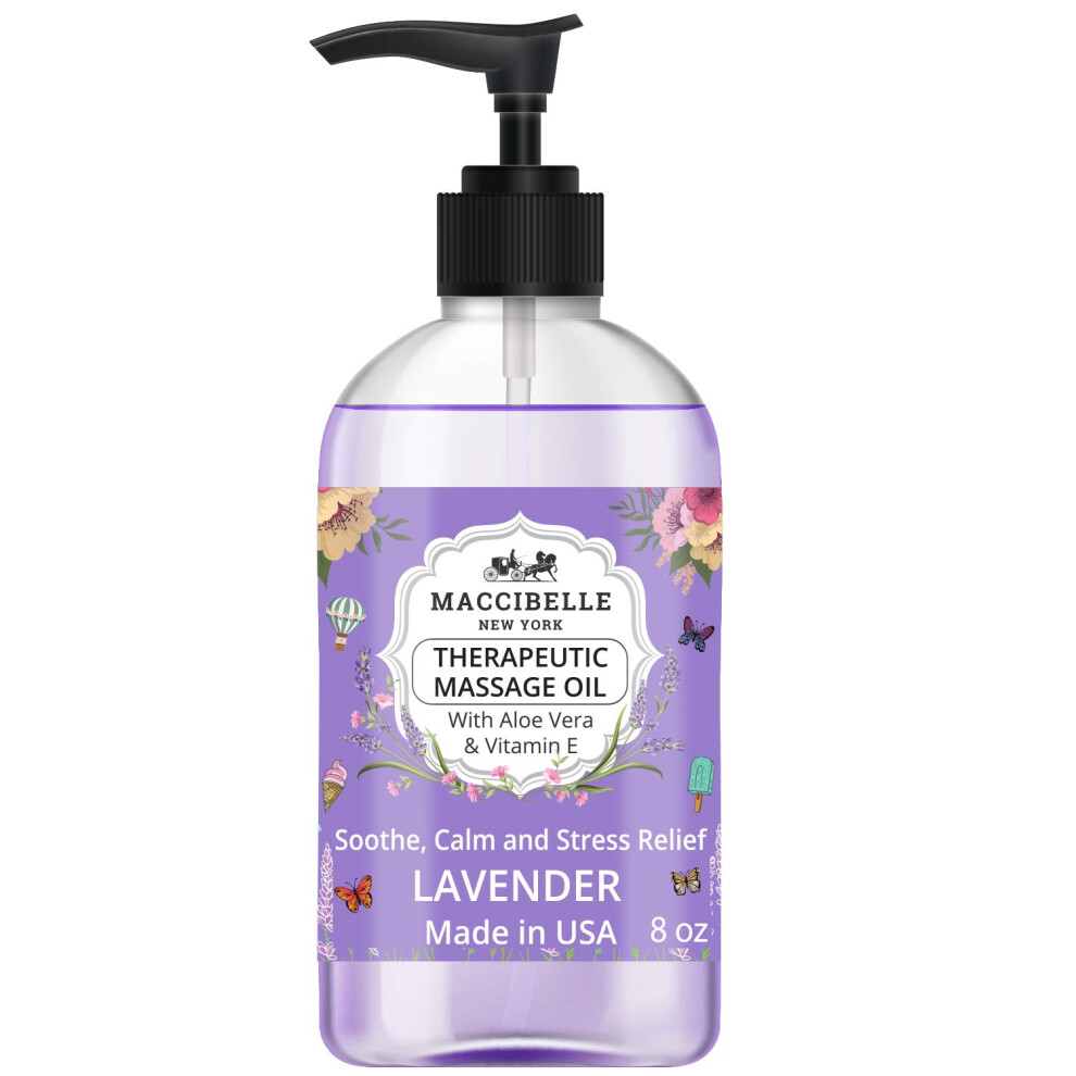 Maccibelle Lavender Massage Oil For Couples Therapeutic Massage With Vitamin E And Aloe Vera A For Soothing Calming And Muscle Relief 8 Oz (Lave