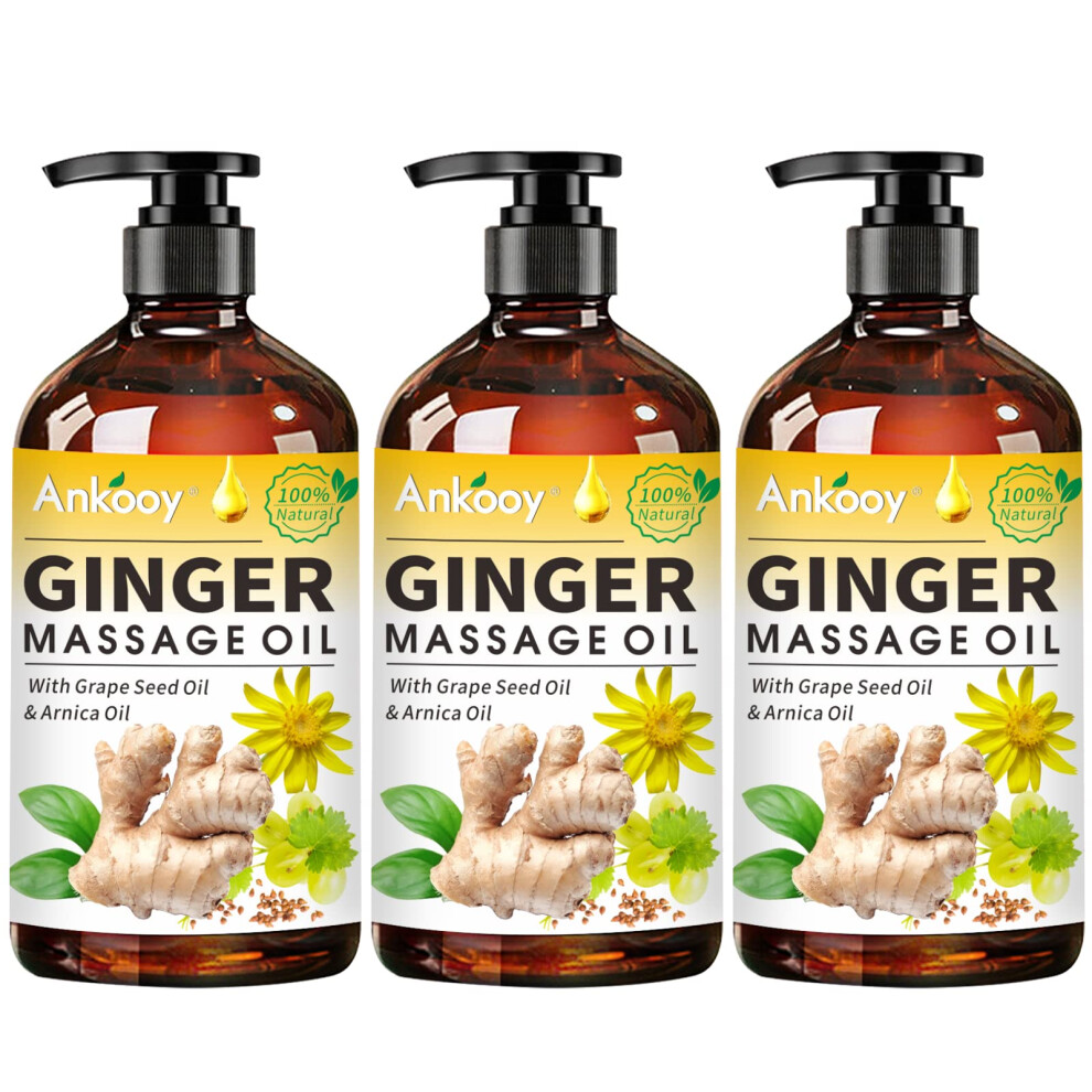 Ankooy 3 Pack Ginger Massage Oil With Arnica Oil Vitamin E Oil And Grape Seed Oil Ginger Oil For Lymphatic Drainage 100% Natural Ginger Essential Oil Fo