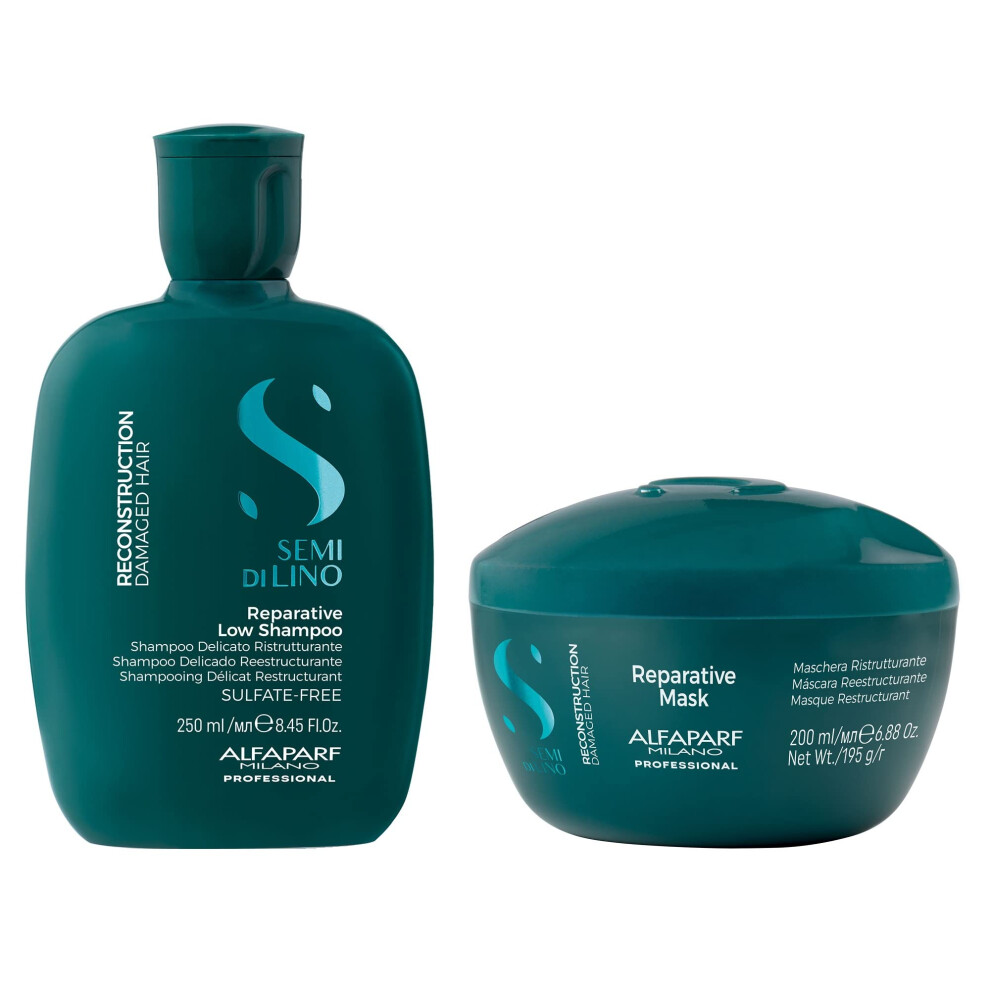Alfaparf Milano Semi Di Lino Reconstruction Reparative Shampoo And Mask Set - Sulfate Free Shampoo And Hair Mask For Damaged Hair - Repairs Reco