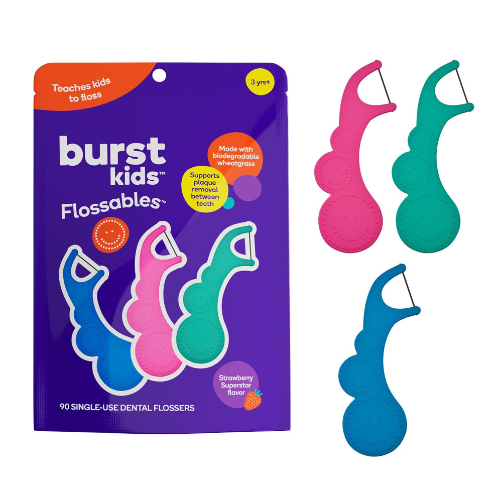 Burst Zahnseide Fr Kinder (90 Stck/1 Packung) | Erdbeeraroma | Zahnseide-Stbchen Fr Kleinkinder Mit Ergonomischem Design | Rutschfester Griff-image