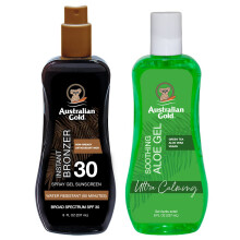 Australian Gold Sunscreen Gel Spray with Bronzer + Soothing After Sun Aloe Vera Gel, Hydrating Sunburn Relief & Broad Spectrum UVA/UVB SPF 15 Sunscree