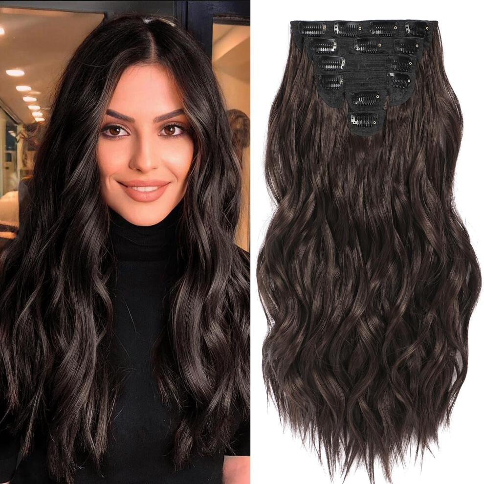 Fliace Clip In Hair Extensions 6 Pcs 24 Inch Hair Extensions Clip Ins Black Long Wavy Hairpieces(24Inch 6Pcs Dark Brown)