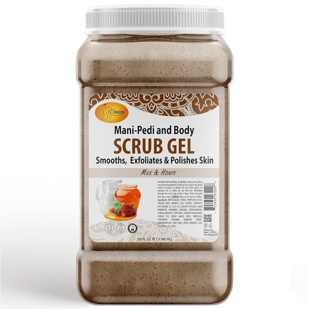 Spa Redi - Exfoliating Scrub Pumice Gel Milk And Honey 128 Oz - Manicure Pedicure And Body Exfoliator Infused With Hyaluronic Acid Amino Acid