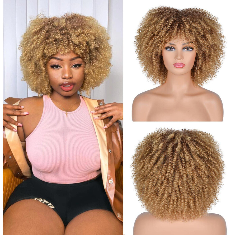 Annisoul Unisex Black 10Inch Short Curly Afro Wigs For Women Bomb Afro Kinky Curly Wig With Bangs Synthetic Fiber Full Wig(Ombre Blonde)