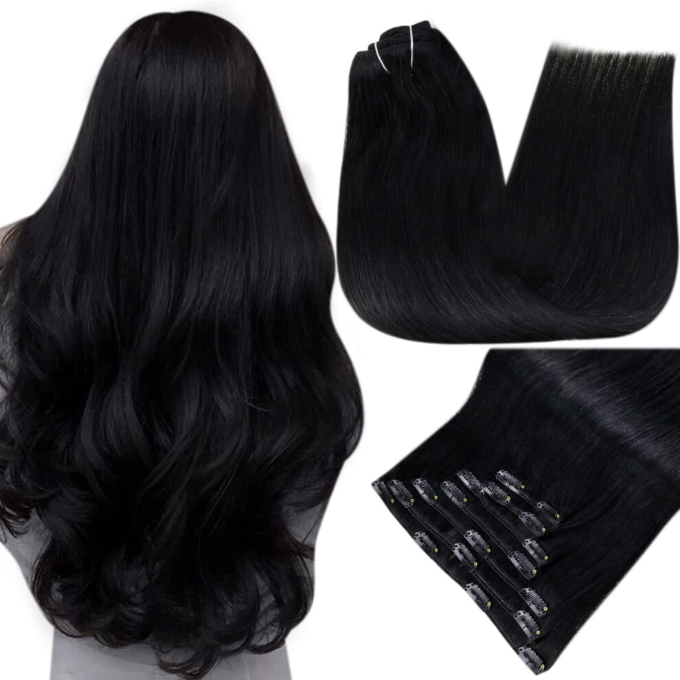 Easyouth Unisex Black Jet Clip In Hair Extensions Human Hair 18Inch Long Hair Extensions Clip In Human Hair Hair Extensions For Women Clip In Exte
