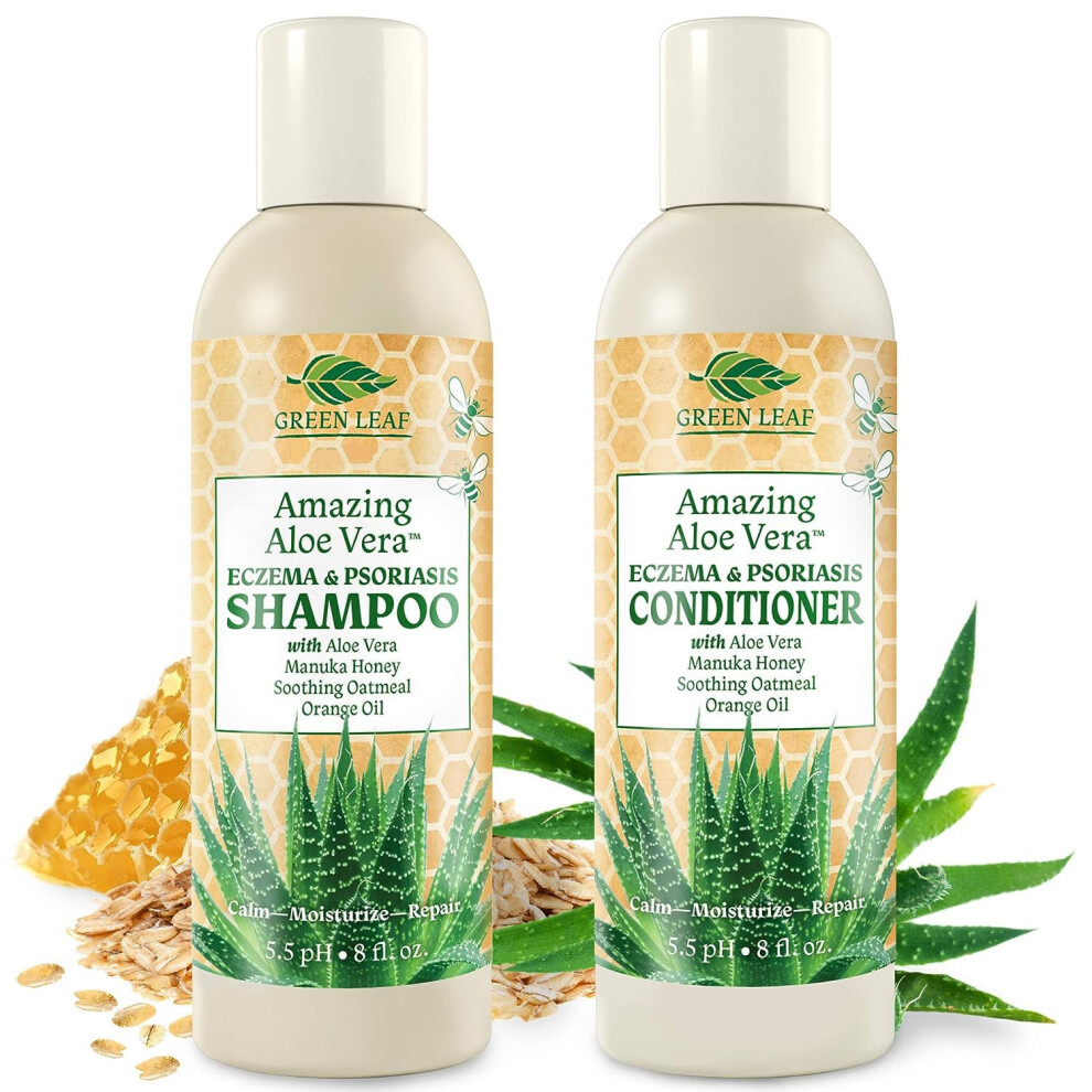Green Leaf Naturals Eczema & Psoriasis Shampoo & Conditioner Set For Men & Women - Aloe Vera & Manuka Honey For Gentle Itchy & Dry Scalp Treatment - Anti-Dandruff A