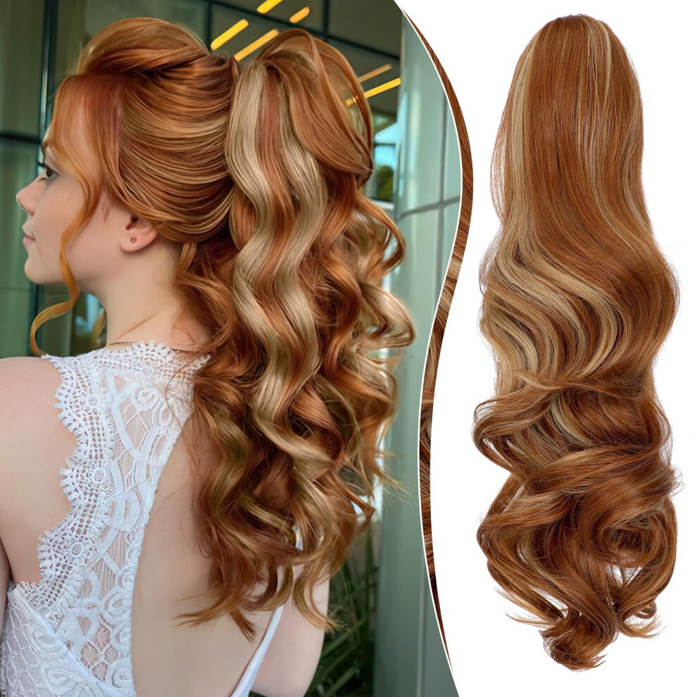 Felendy Claw Ponytail Extension 18"""" Curly Wavy Clip In Long Pony Tails One Piece Jaw Hairpiece For Women Daily Use Light Auburn Mix Ash Blonde