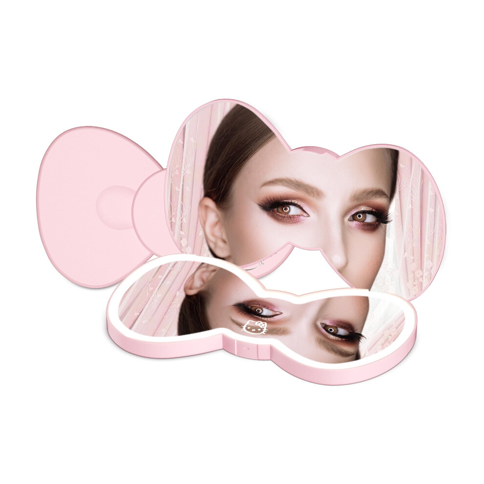Impressions Vanity Hello Kitty Led-Kompaktspiegel Mit Schleife, Doppelseitig, Niedlicher Reise-Schminkspiegel, Soft-Touch-Taste Mit Herunterschie-image