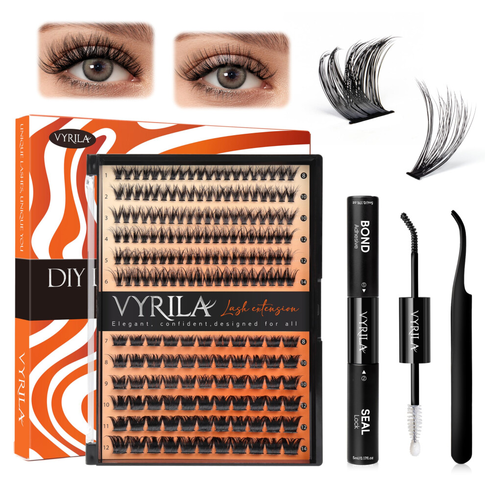 Vyrila Lash Clusters Kit- 0.07Mm Wispy 8-14Mix C Curl Eyelash Clusters With Lash Bond And Seal Waterproof Eyelash Tweezers (30P+S03 Kit 186Pcs-8