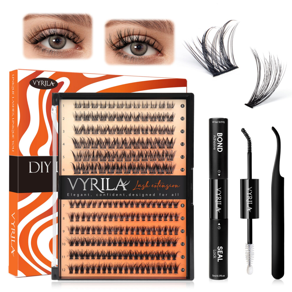 Vyrila Lash Clusters Kit- 0.07Mm Wispy 8-14Mix C Curl Eyelash Clusters With Lash Bond And Seal Waterproof Eyelash Tweezers (30P+S05 Kit 192Pcs-8