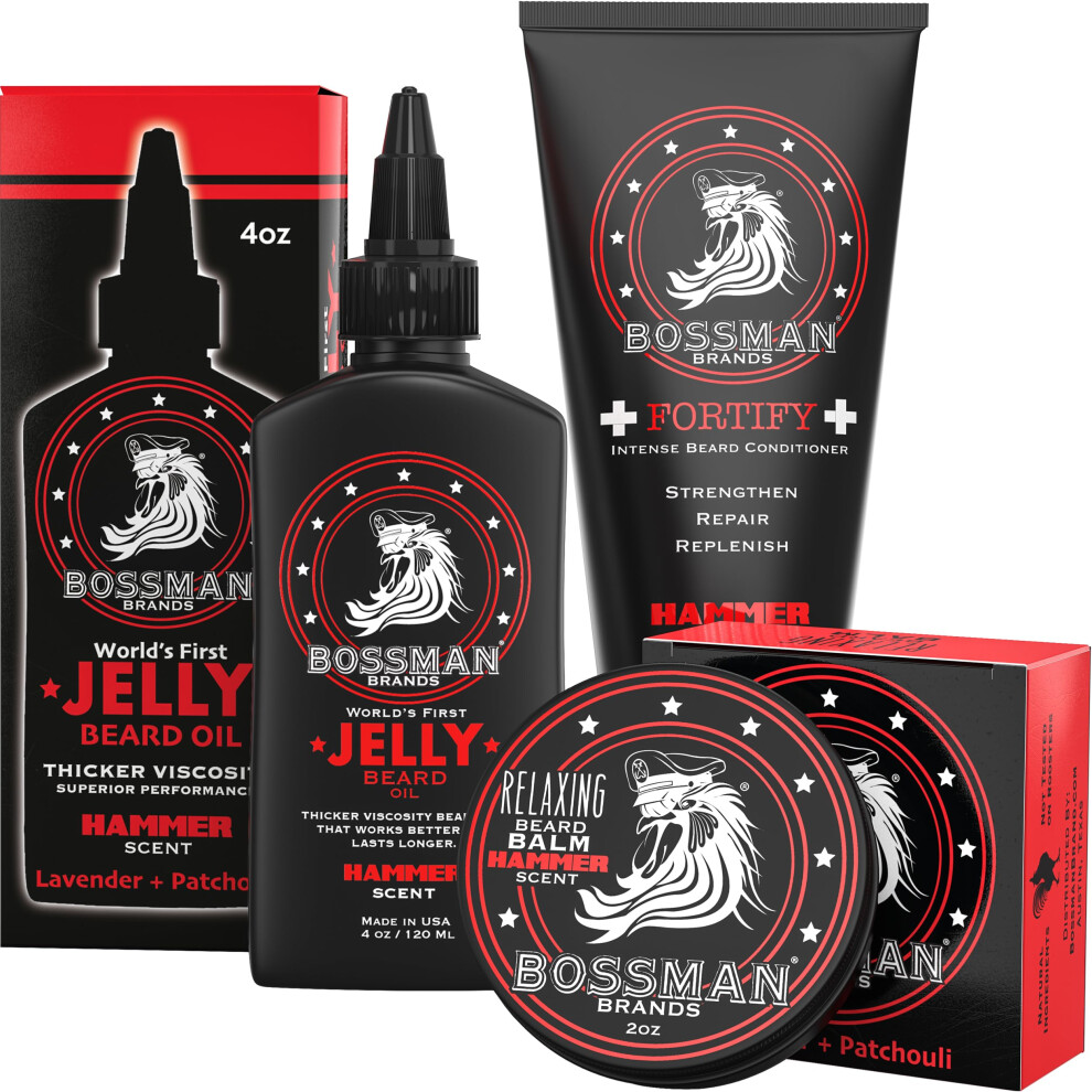 Bossman Essentials Beard Kit - Made In Usa - Jelly Beard Oil - Conditioner - Beard Balm - Natural Ingredients (Hammer Scent)