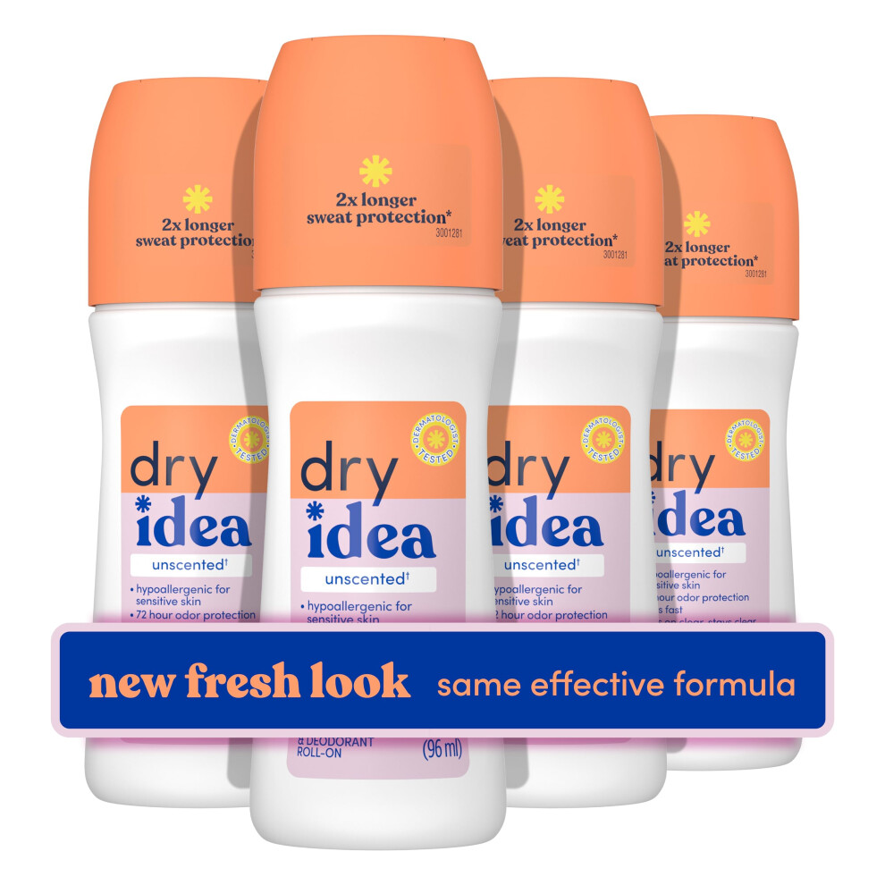 Dry Idea Roll-On Deodorant & Antiperspirant | 2X Longer Sweat Protection | 72-Hour Odor Protection | Unscented & Hypoallergenic For Sensitive Skin, 3.
