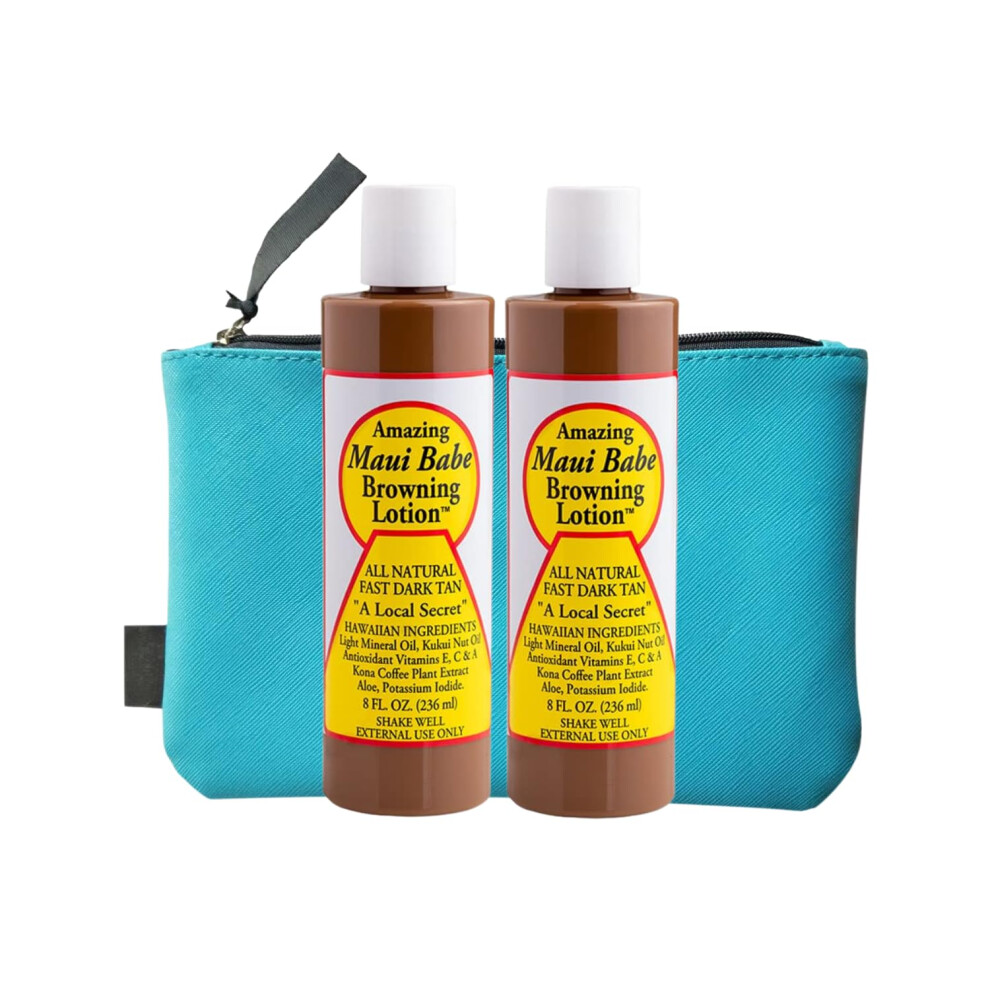 Maui Babe Browning Lotion - Outdoor Tanning Lotion 8 ounce (Pack of 2) with Makeup Bag - Amazing Maui Babe Suntan Lotion - Tanning Formula Sun Lo