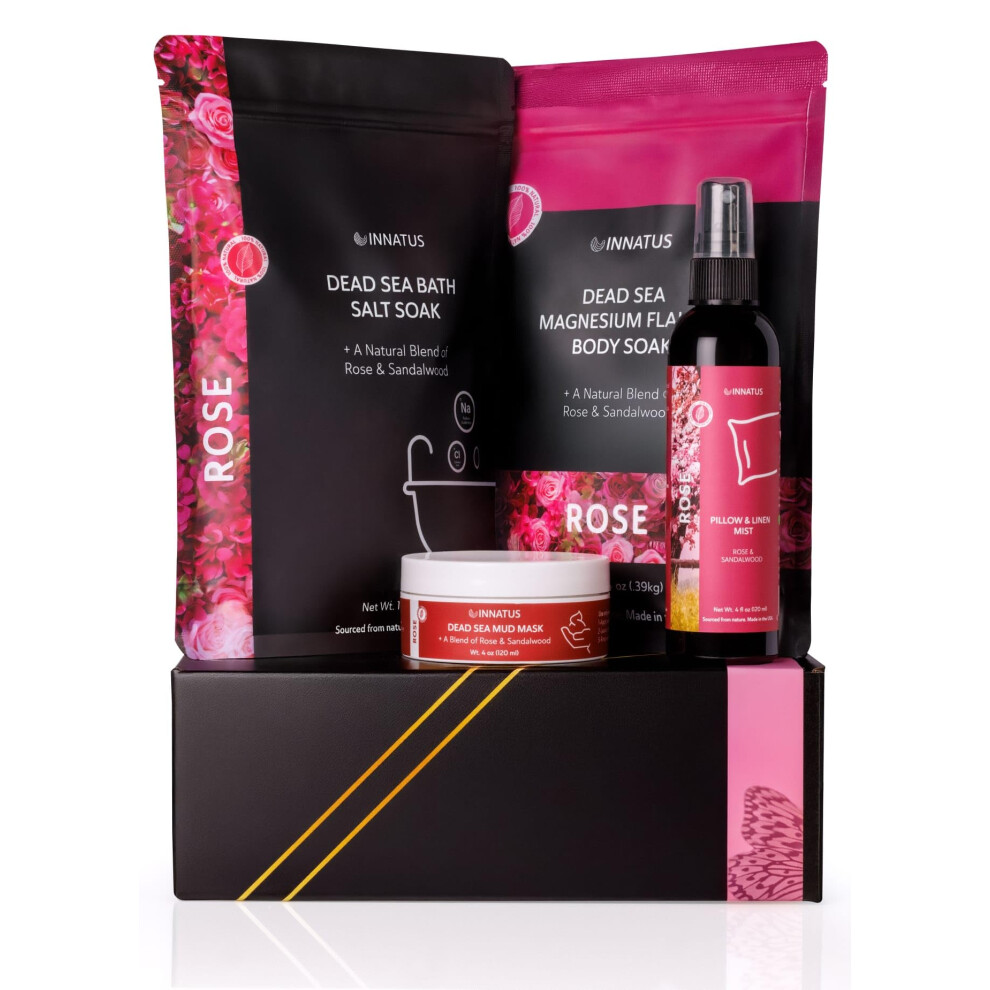 Luxury Dead Sea Spa Gift Set - Bath Salt Magnesium Flakes Pillow & Linen Spray and Mud Mask - Rose & Sandalwood Aromatherapy Kit for Relaxatio