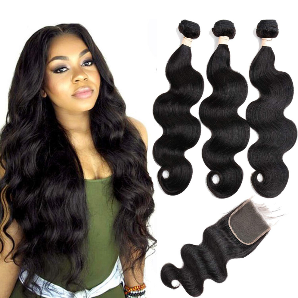 Beauhair Unisex Body Wave Human Hair Bundles With Closure Brazilian Virgin Hair 10A Unprocessed 3 Bundles With Closure Body Wave Human Hair (10 12 14+10