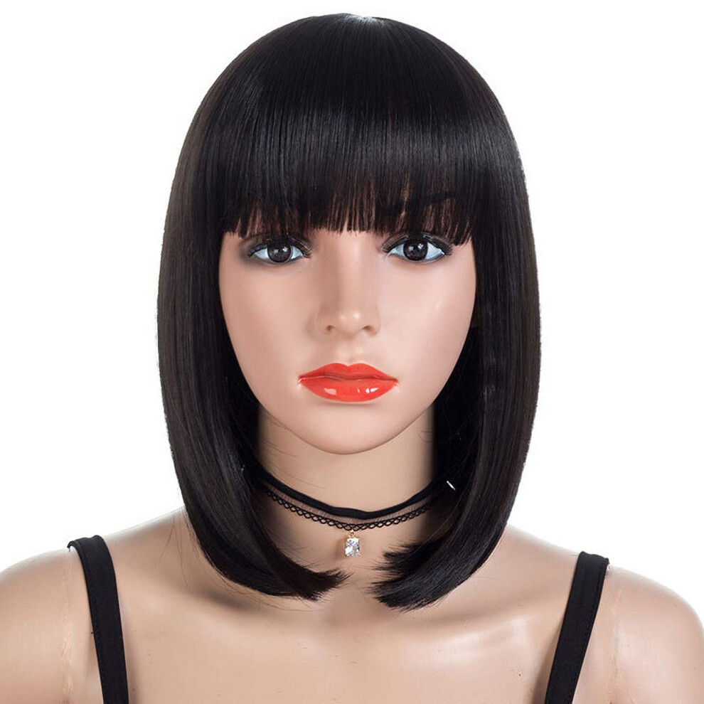 Morvally Unisex Black Short Straight Bob Wig Heat Resistant Hair With Blunt Bangs Natural Looking Cosplay Costume Daily Wigs (12"""" Natural )