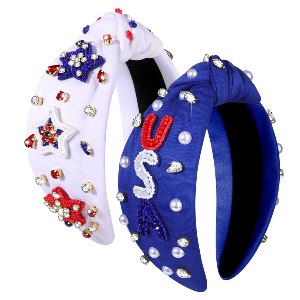 Phalin American Headband For Women 4Th Of July Headband Embellished Crystal Rhinestone Knotted Headbands Usa Star Headbands Independence Day Hair
