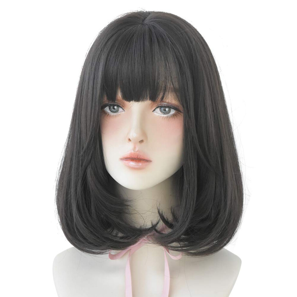 Huaisu Balck Wig For Women Short Synthetic Wig With Bangs Cosplay Wig (Black Berries 14Inch)