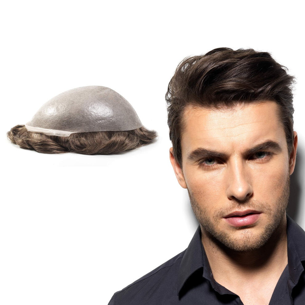 Tupecik Meski Superhairpieces NM101 Premium Indian Remy Hair 8""""X10"""" Czysty 0,2 Mm Pu Do Cienkiej Skry 100-110 Light-Med Density Treska Meskie-image