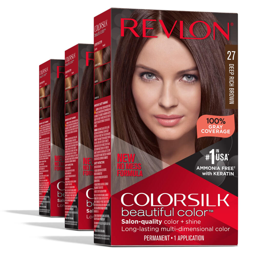 Revlon Permanent Hair Color, Permanent Brown Hair Dye, Colorsilk With 100% Gray Coverage, Ammonia-Free, Keratin And Amino Acids, Brown Shades (Pack Of