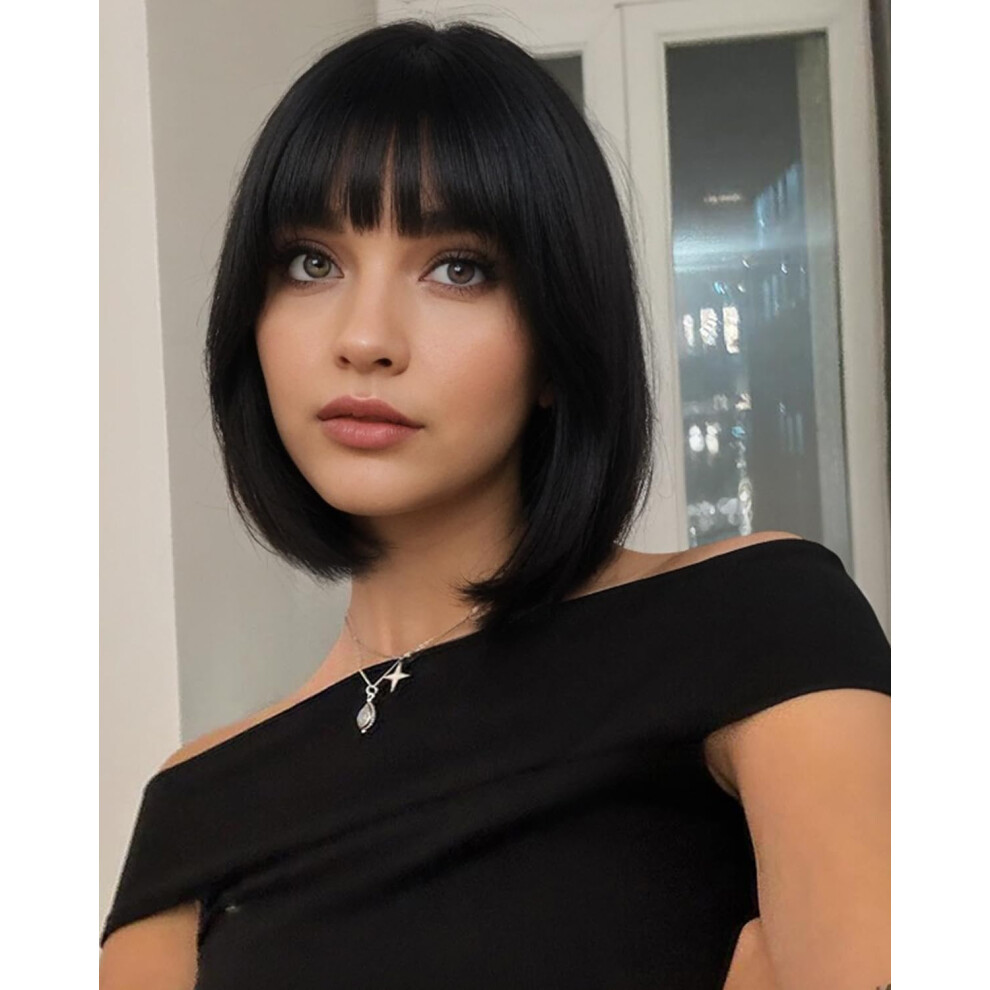 Jjhr Unisex Black Yyhr Short Bob Wig With Bangs 10" Light Yaki Straight Synthetic Hair Wigs Cut Short Bob Wigs With Bangs Daily Costume Wig Hair Replacement Wigs