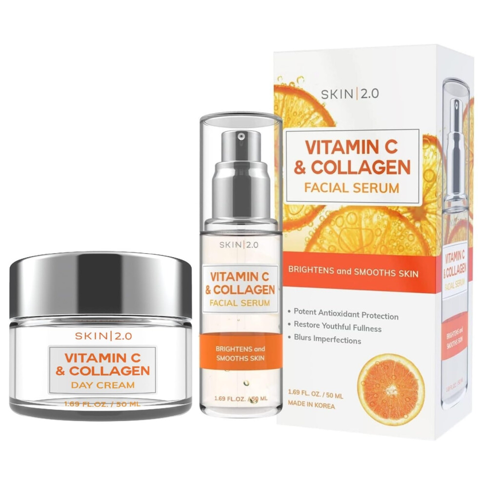 Skin 2.0 Vitamin C & Collagen Serum & Day Cream Value Set - Dermatologist Tested Korean Skin Care For Dark Spots & Brightening - Anti Aging Acne Facial Serum