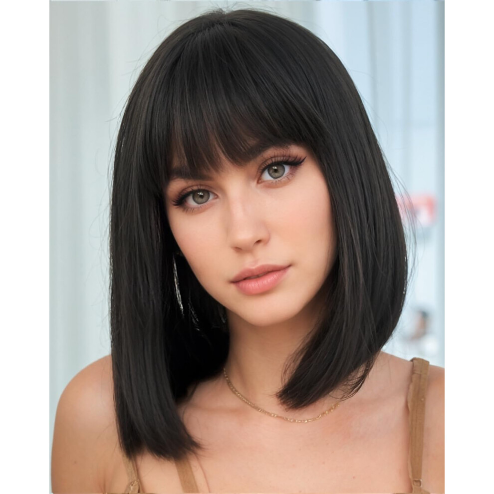 Yyhr Unisex Black Short Bob Wig With Bangs 12" Light Yaki Straight Synthetic Hair Wigs Cut Short Bob Wigs With Bangs Daily Costume Wig (12 Inch,1B)