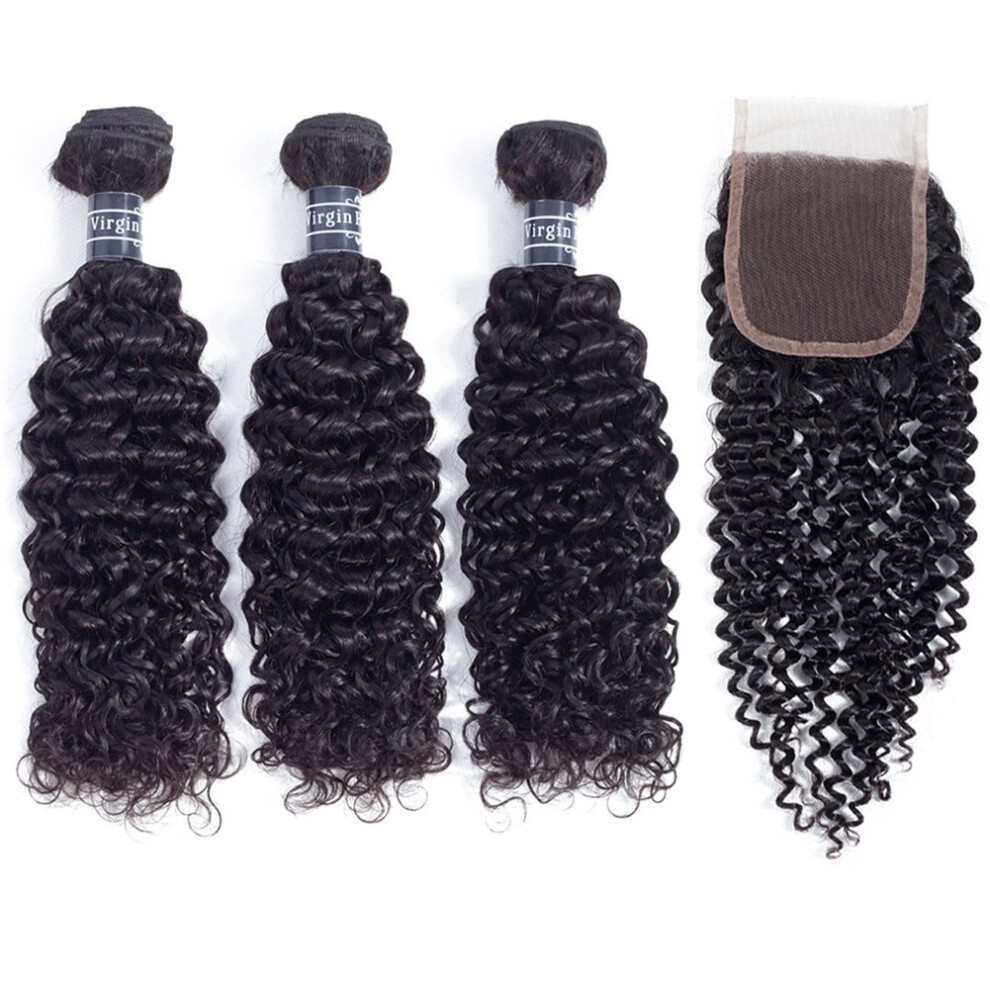 Amella Hair 8A Brazilian Kinky Curly Weave Human Hair Bundles With Closure 12 14 16 + 12 Inch Brazilian Curly Hair 3 Bundles With Closure