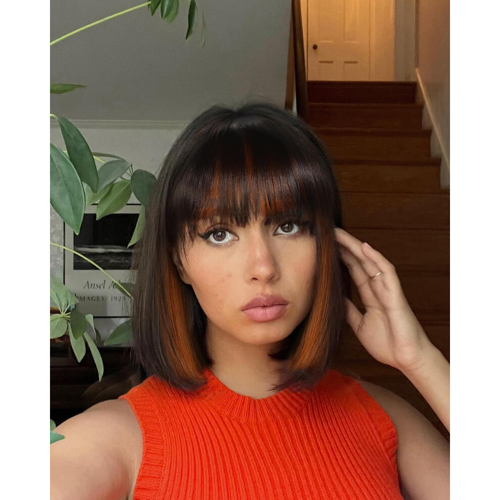 Yyhr Unisex Brown Short Bob Wig With Bangs 10" Peek-A-Boo Dark Mix Light Bob Wigs Yaki Straight Hair Daily Costume Wig, Soft Light Synthetic Hair Repla