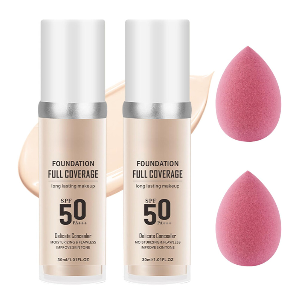 Linghaolh Ivory/White 2Pcs Foundation Makeup Set With 2 Makeup Sponges,Moisturizing Full Coverage Liquid Foundation For Women,Non-Greasy Long Lasting Flawless C