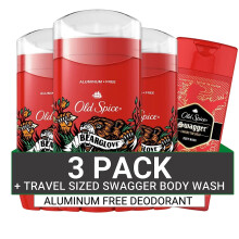 Old Spice Herren-Deodorant, aluminiumfrei, Bearglove-Duft, 48 Std. Protection 3,0 oz (3er-Pack) mit Swagger Body Wash in Reisegre