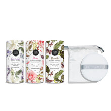 Herb & Root K   rperpuder-Geschenkset, 3 talkfreie D   fte: Lavendel, Rose, Vanille, gro   er Puff