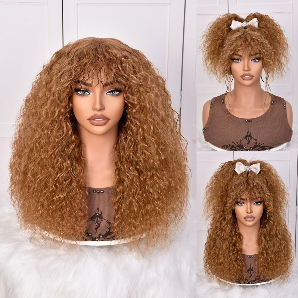 Sofun Unisex Black,Yellow Curly Wig With Bangs For Black Women Long Curly Human Hair Glueless Wig For Daily Realistic Look With True Scalp(Brownish Yellow)