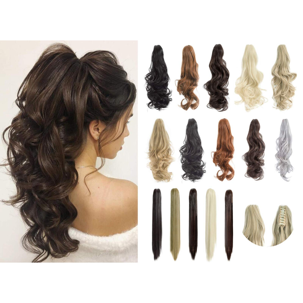 Felendy Unisex Light Ponytail Extension Claw 18"""" 20"""" Curly Wavy Straight Clip In Hairpiece One Piece A Jaw Long Pony Tails For Women Blonde Mix Bleach