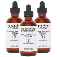 PURA D'OR Hyaluronsure-Serum fr tiefe Feuchtigkeitsversorgung (3,3 Unzen x 3 = 9,9 Unzen). Anti-Aging-Formel mit aufpolsternder und feuchtigkeitssp