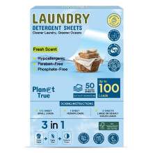 Planet True Fiches de dtergent  linge respectueuse de l'environnement - 100 charges (50 feuilles) parfum frais - Hypoaller  dissolution rapide