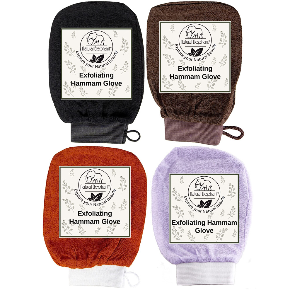 L Phant Naturel Natural Elephant Exfoliating Hammam Glove - Face And Body Exfoliator Mitt (Black Brown Orange And Lilac (Pack Of 4))