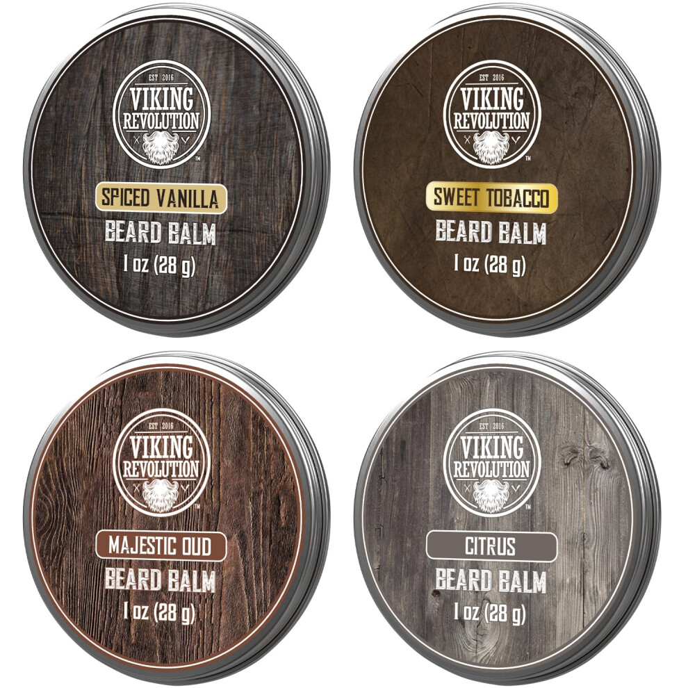 Viking Revolution 4 Beard Balm Variety Pack (1oz Each)- Spiced Vanilla Sweet Tobacco Majestic Oud Citrus - Beard Butter Styles Strengthens an