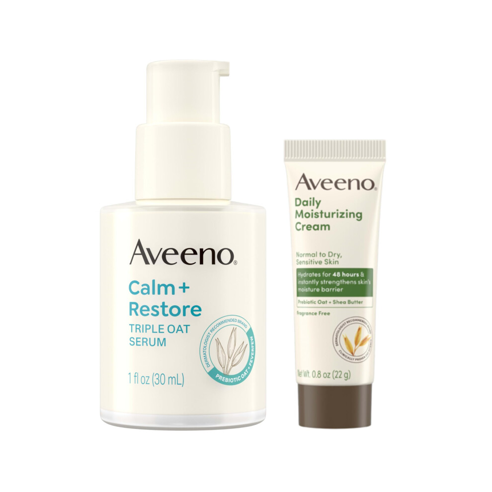 Aveeno Skin-care Bundle for Sensitive Skin  Calm + Restore Triple Oat Hydrating Face Serum  1 fl. oz  & Trial Size Daily Moisturizing Cream + Pre