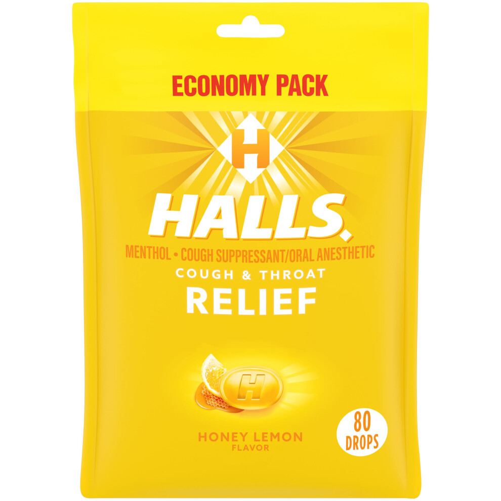 Halls Relief Honey Lemon Cough Drops, Economy Pack, 80 Drops