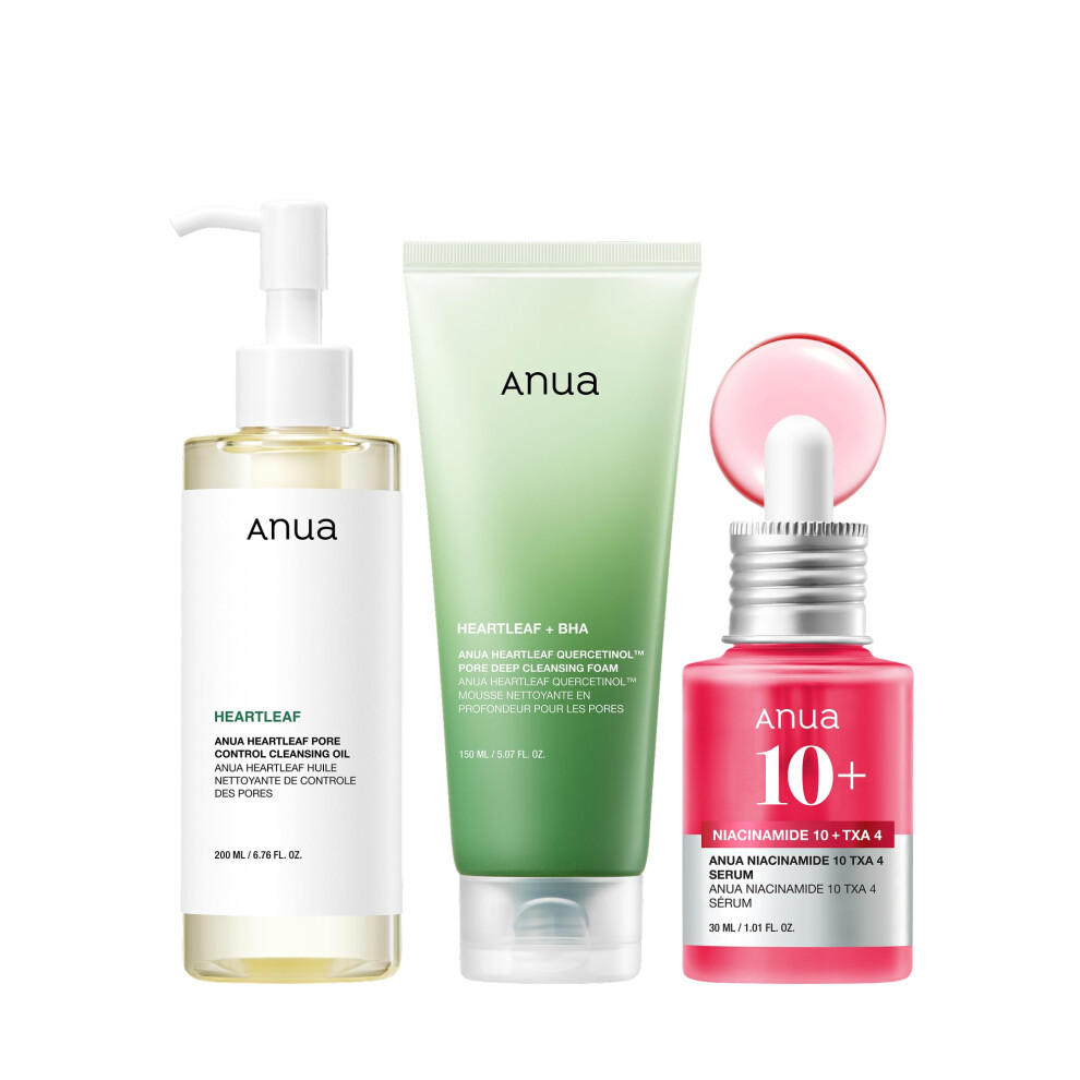 Anua 3-Step Glass Skin Beginner Set  Double Cleansing with Facial Serum  Oil Cleanser & Face Wash with Heartleaf  Daily Routine with Niacinamide