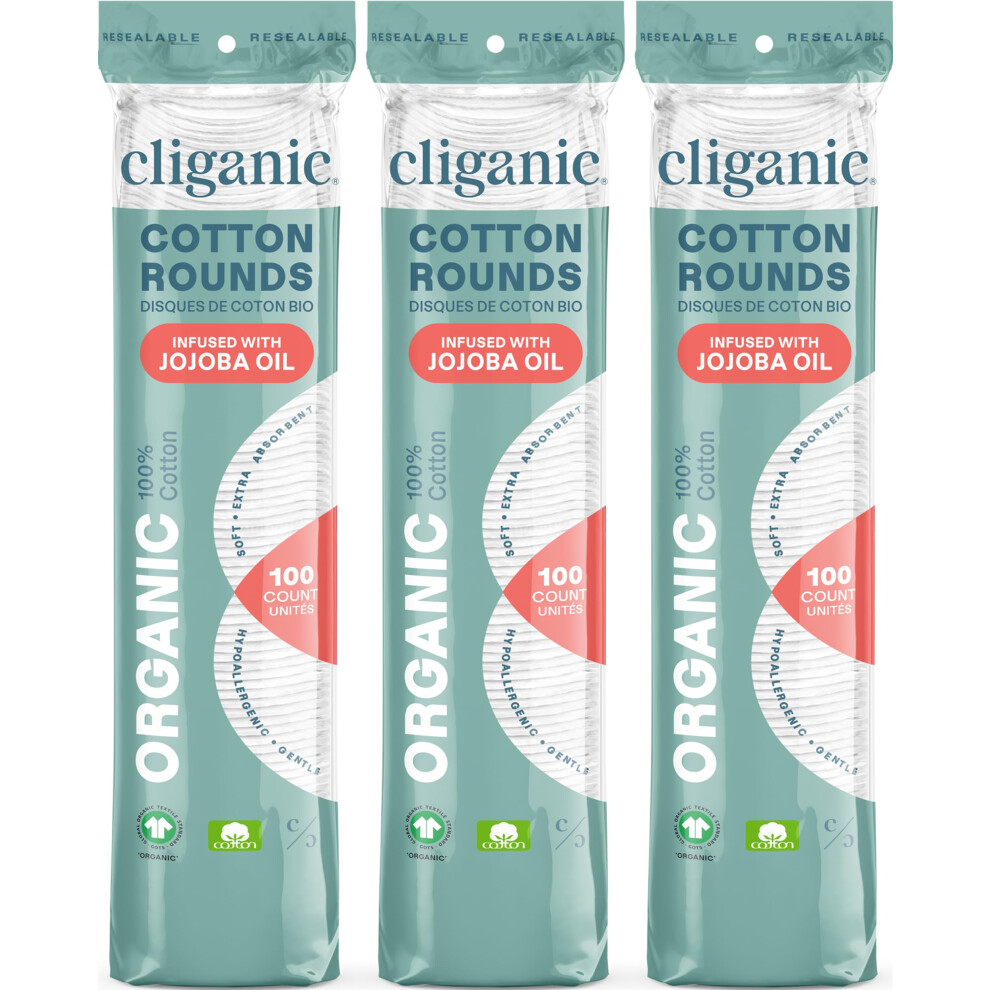Cliganic Organic Cotton Rounds - Jojoba Oil Infused (300 Count) - Makeup Remover Pads Hypoallergenic Lint-Free | 100% Pure Cotton