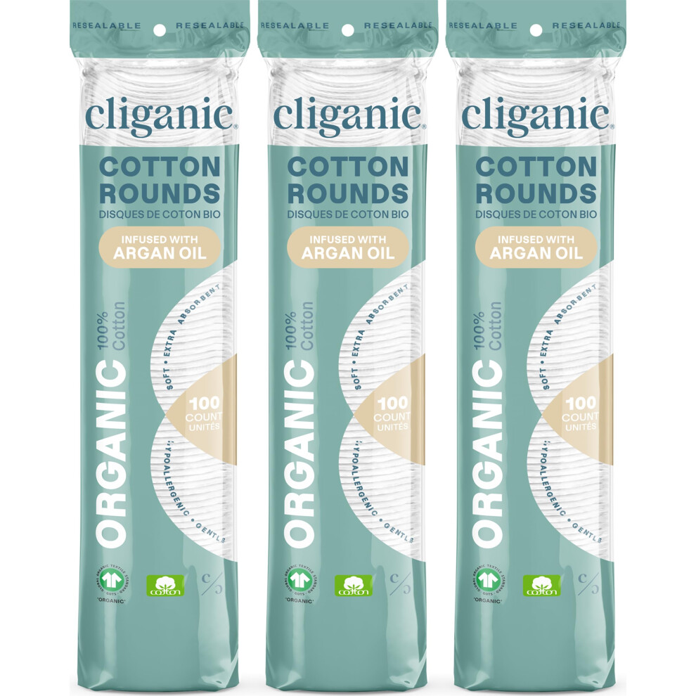 Cliganic Organic Cotton Rounds - Argan Oil Infused (300 Count) - Makeup Remover Pads Hypoallergenic Lint-Free | 100% Pure Cotton