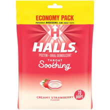 HALLS Halsberoligende (tidligere HALLS Breezers) Cremet Strawberry Throat Drops Economy Pack 70 drber